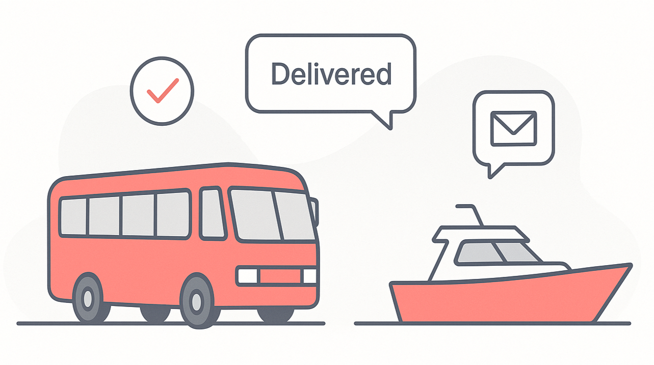 An image of a bus and a boat, with a check box and the text delivered